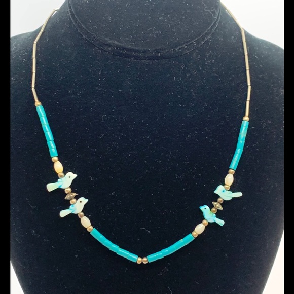 Vintage Jewelry - Bird Turquoise Beaded Silver 1990s Necklace